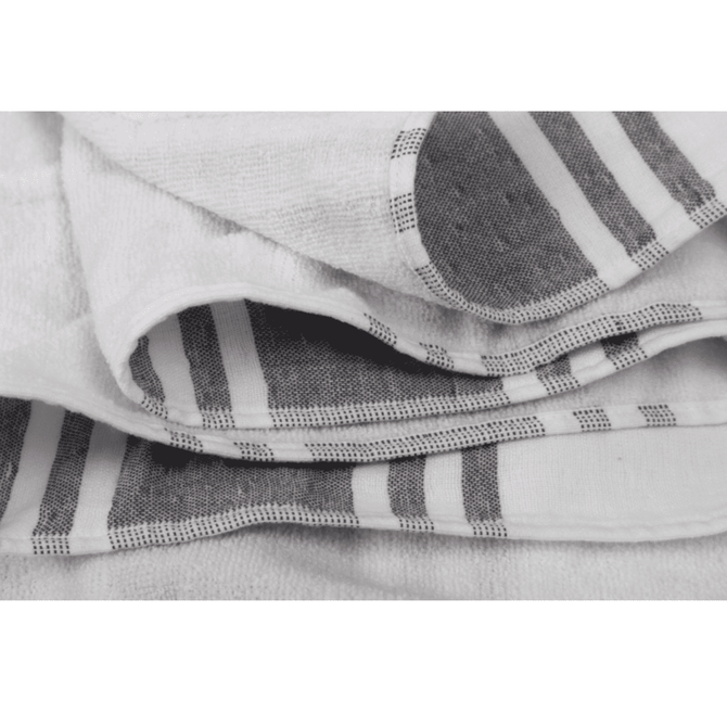 A foldable beach towel bag in white with grey stripes and circular designs, featuring a logo.