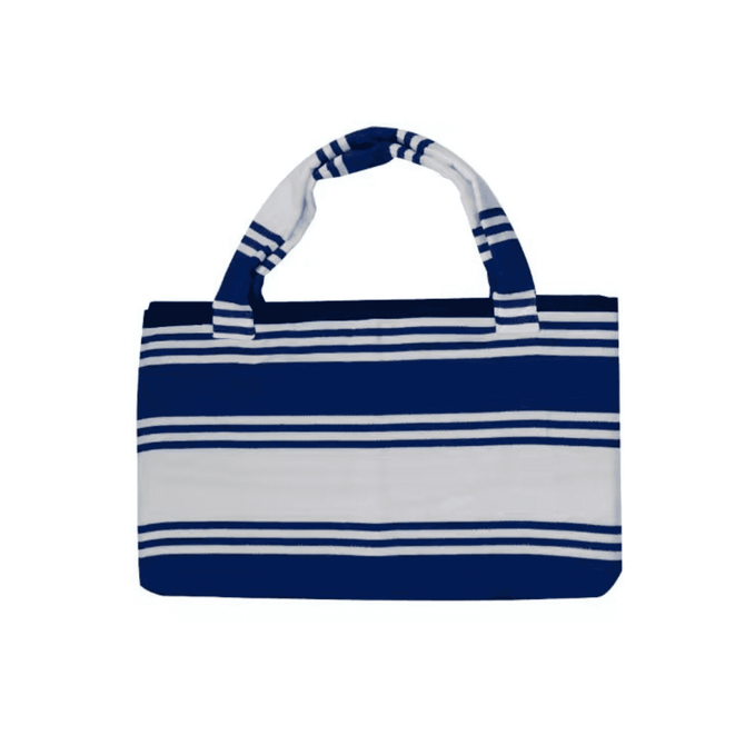 A foldable beach towel bag in navy blue and white stripes, featuring two handles and a branding logo.