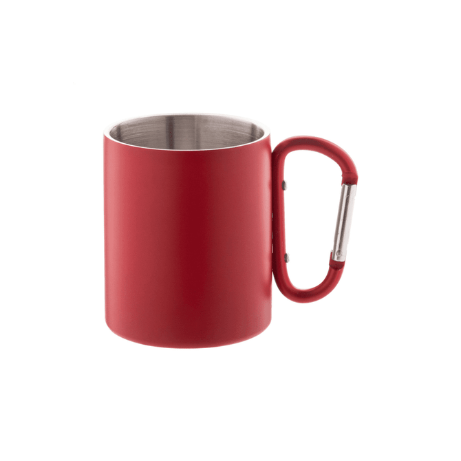 A red thermo mug with a stainless steel interior and a carabiner-style handle. It has a branding logo.