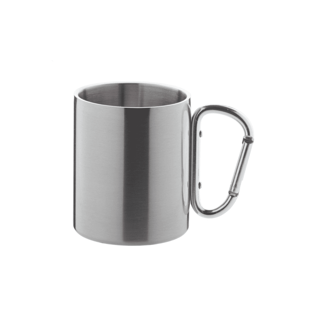 A stainless steel thermo mug with a carabiner handle and a sleek, shiny finish.