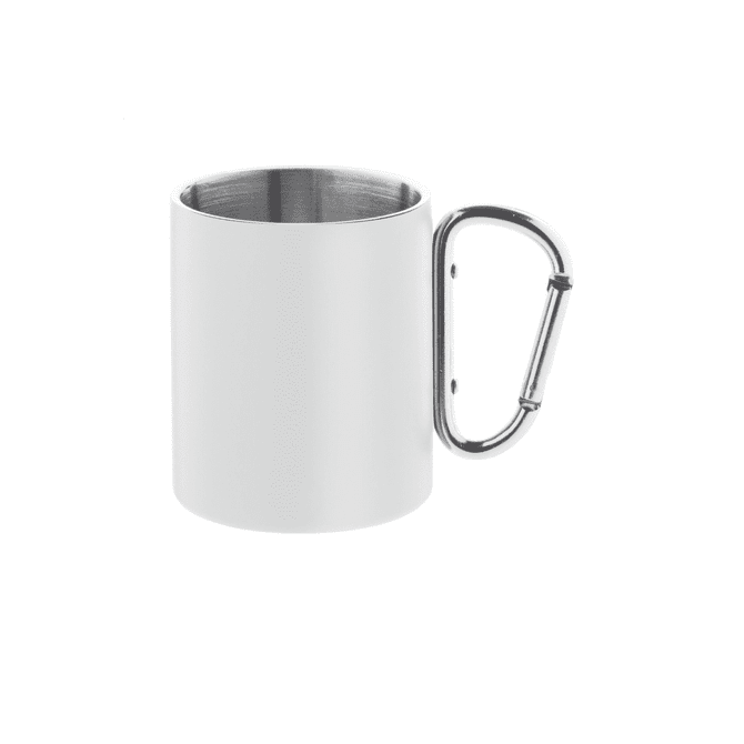 A white thermo mug with a metal handle featuring a carabiner attachment.