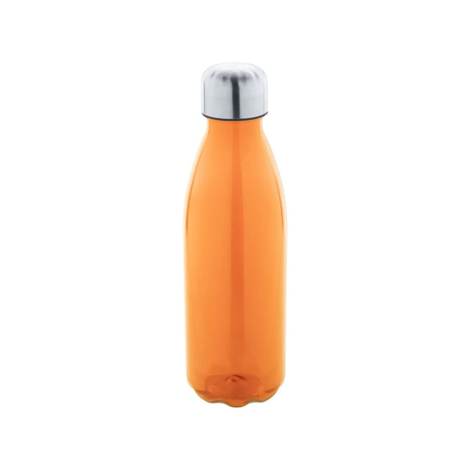A drink bottle in orange with a silver cap, featuring a sleek design and a branding logo.