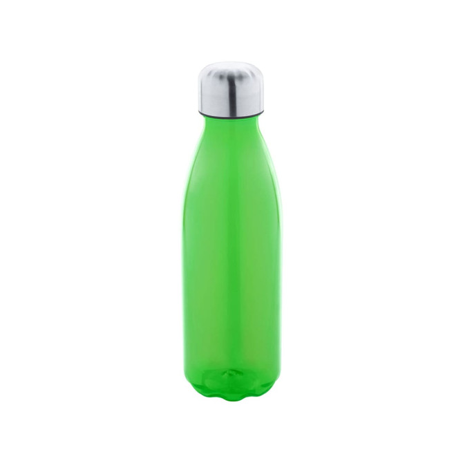 A drink bottle in vibrant green with a silver stainless steel lid and a sleek, curved design. It features a logo.