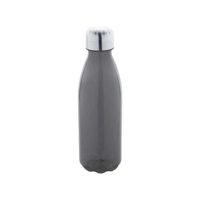 A drink bottle in grey with a silver metallic cap and a logo on the side.