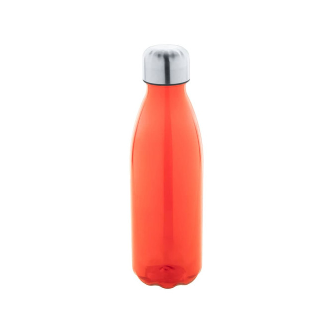 A drink bottle in vibrant red with a stainless steel cap and a sleek, streamlined design. It features a logo.