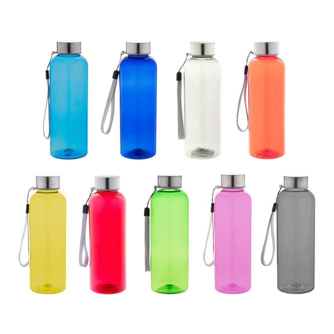 A drink bottle collection featuring blue, clear, orange, yellow, green, pink, and grey designs, each with a silver cap and strap.