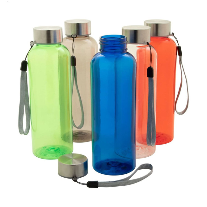 A drink bottle set featuring green, blue, orange, pink, and clear options, each with a silver lid and wrist strap.