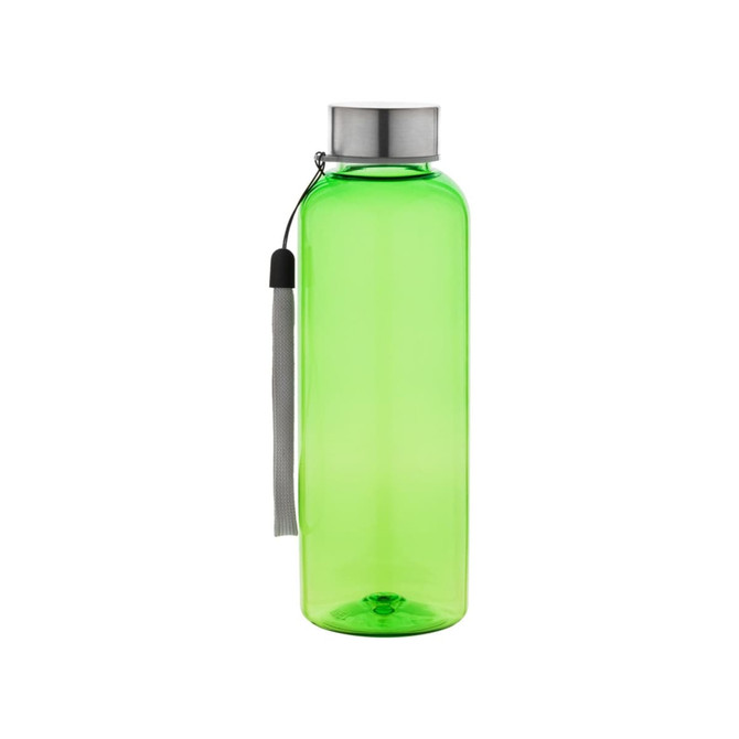 A drink bottle in vibrant green with a silver lid and a tassel for easy carrying. It features a logo.