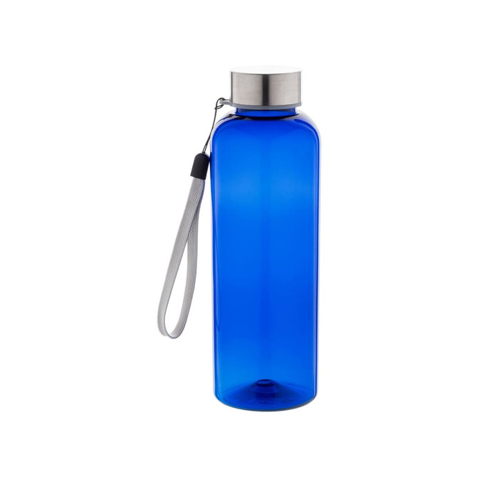 A drink bottle in vibrant blue with a stainless steel lid and a grey wrist strap. It features a logo.