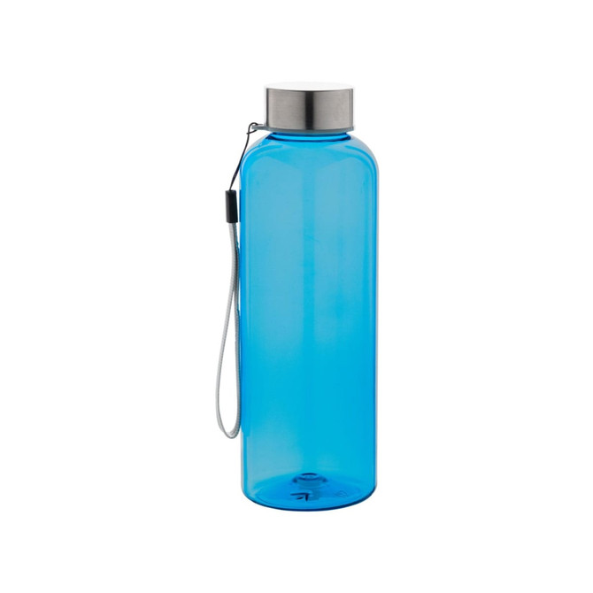 A drink bottle in bright blue with a stainless steel lid and a carrying strap, featuring a logo.