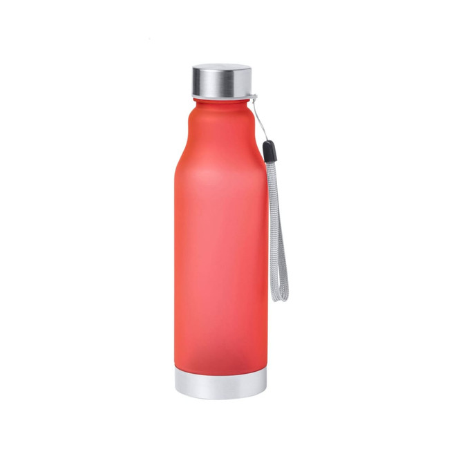 A drink bottle in vibrant red with a silver lid and a grey carrying strap. It features a logo.