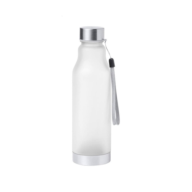 A drink bottle featuring a frosted transparent design with a silver cap and a grey strap. It has a logo on its surface.