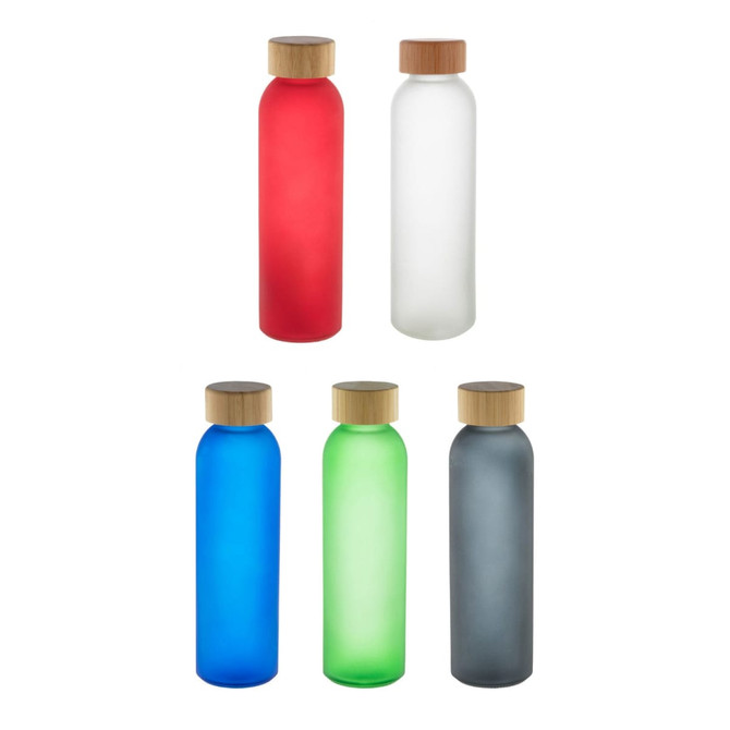 A drink bottle collection featuring frosted glass in red, white, blue, green, and grey with bamboo lids.