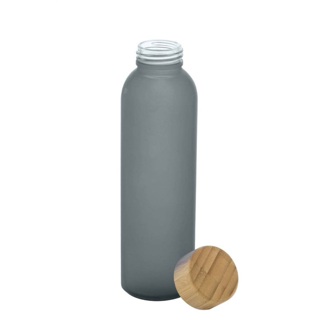 A drink bottle in a frosted grey finish with a wood-patterned lid and a sleek, cylindrical design.
