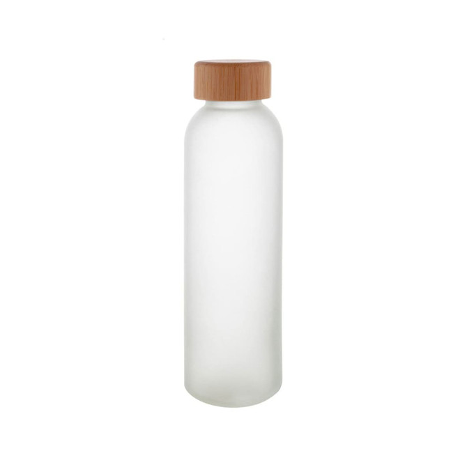A drink bottle with a frosted glass body and a wooden lid. It has a minimalist design and a neutral colour palette.