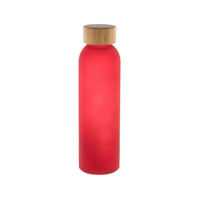 A drink bottle with a frosted red glass body and a wooden lid. It features a logo.