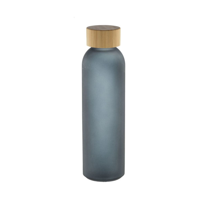 A drink bottle with a frosted grey finish and a wooden lid, featuring a simple design and a logo.