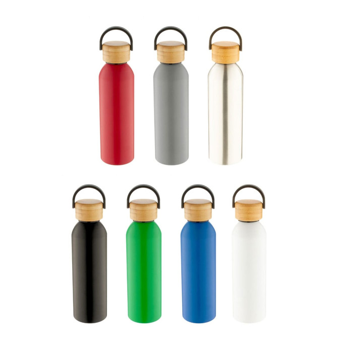 A drink bottle collection featuring red, grey, silver, black, green, blue, and white aluminium bottles with wooden lids and logos.