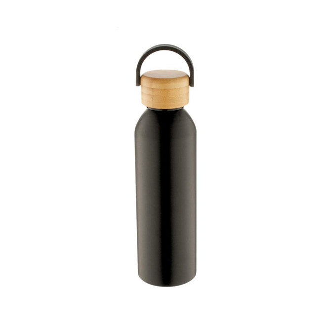 A drink bottle in matte black with a wooden lid and a looped handle. Features a branding logo.