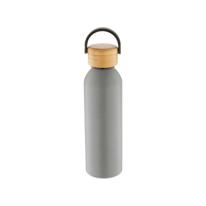 A drink bottle in grey aluminium with a wooden lid and a handle. The bottle features a logo on its surface.
