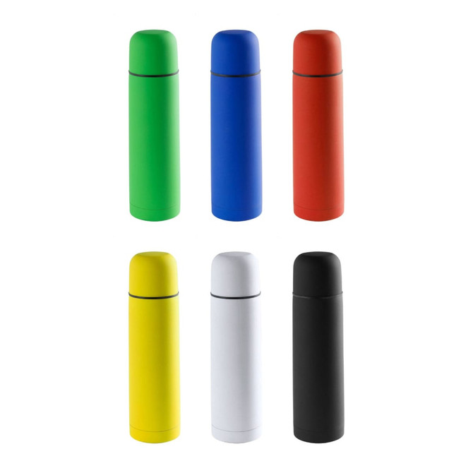 A drink bottle set featuring vacuum flasks in green, blue, red, yellow, white, and black. Each has a logo.