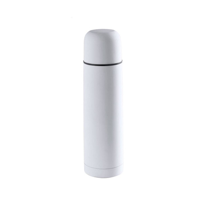 A drink bottle in white with a sleek design and a functional lid. It features a logo on the surface.