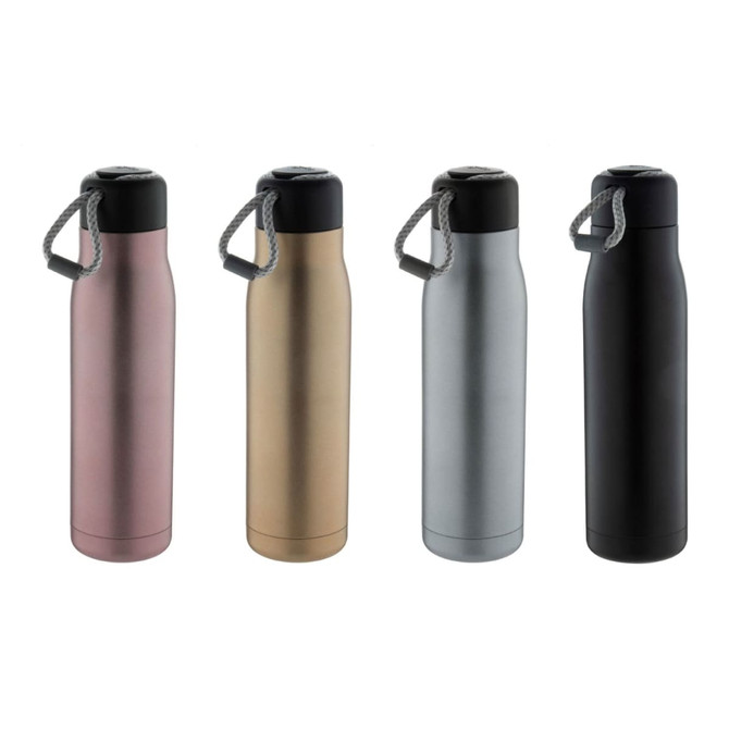 A drink bottle set featuring four vacuum flasks in rose pink, gold, silver, and black, each with a handle and lid.