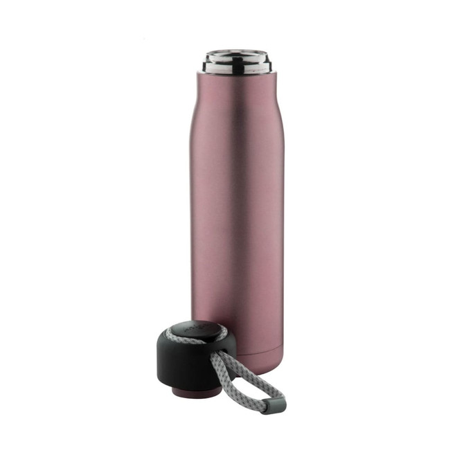 A drink bottle in matte pink with a black lid and a braided handle. It features a logo on the side.