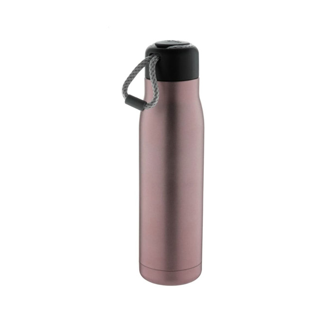 A drink bottle in rose gold with a black lid and a grey carrying strap, featuring a logo.