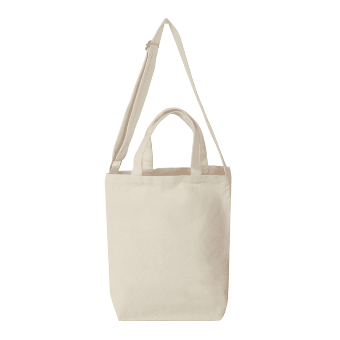 A cream tote bag with two handles and an adjustable shoulder strap, featuring a logo on the front.