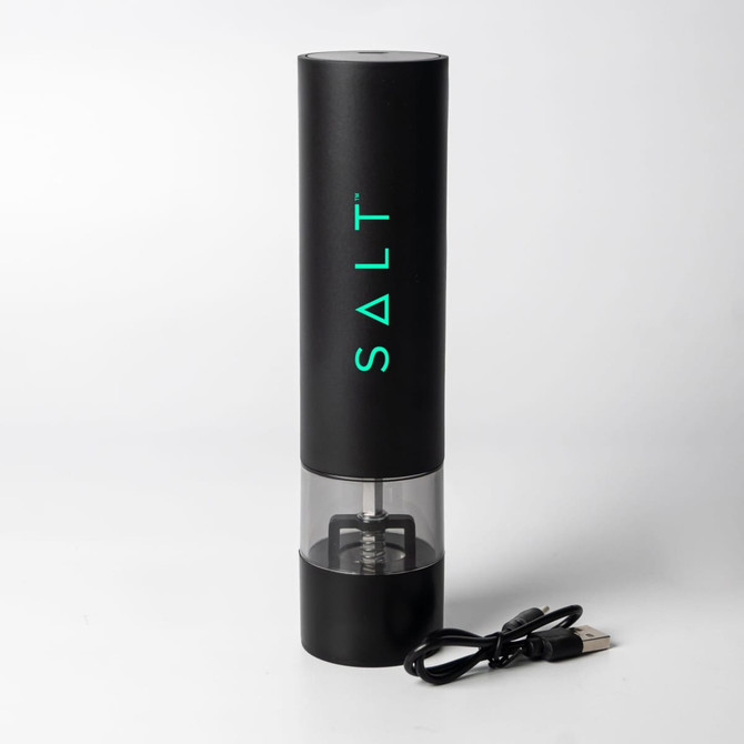 A rechargeable black pepper and salt grinder with a transparent base and USB charging cable. It features a logo.