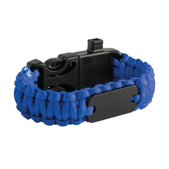 A blue survival bracelet with a black clasp and a metal tag, featuring a woven paracord design.