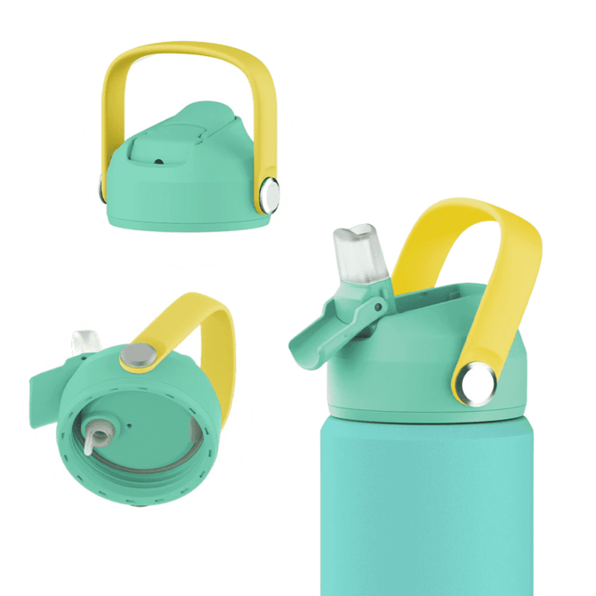A drink bottle in teal with a yellow handle and lid, featuring a spout and built-in straw, along with a logo.
