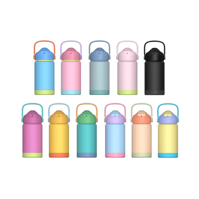 A drink bottle collection features various pastel and vibrant colours, including pink, green, blue, and black, with handles and logos.