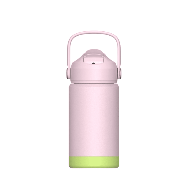 A drink bottle in pink and green, featuring a handle and a secure lid, with a branding logo.
