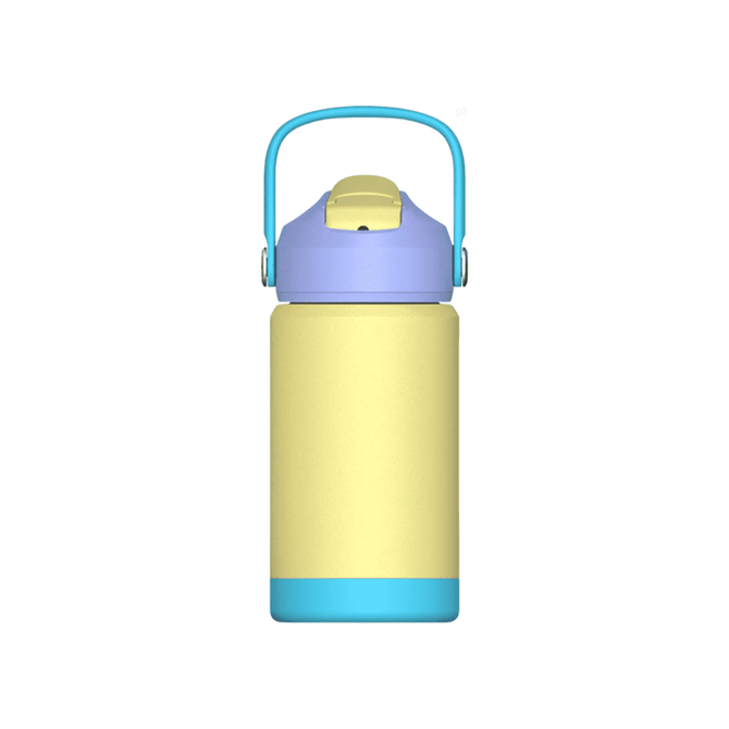 A drink bottle featuring a yellow body with a light blue base and a purple lid, complete with a carry handle.