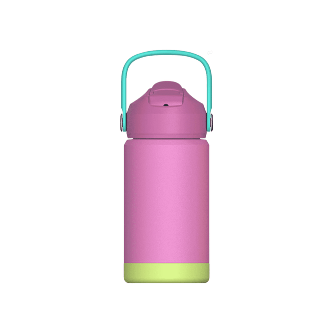 A drink bottle in pink with a green base and a teal handle, featuring a lid and a branding logo.