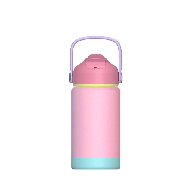 A drink bottle in pastel pink, with a light purple lid and a mint green base. Features a handle and logo.