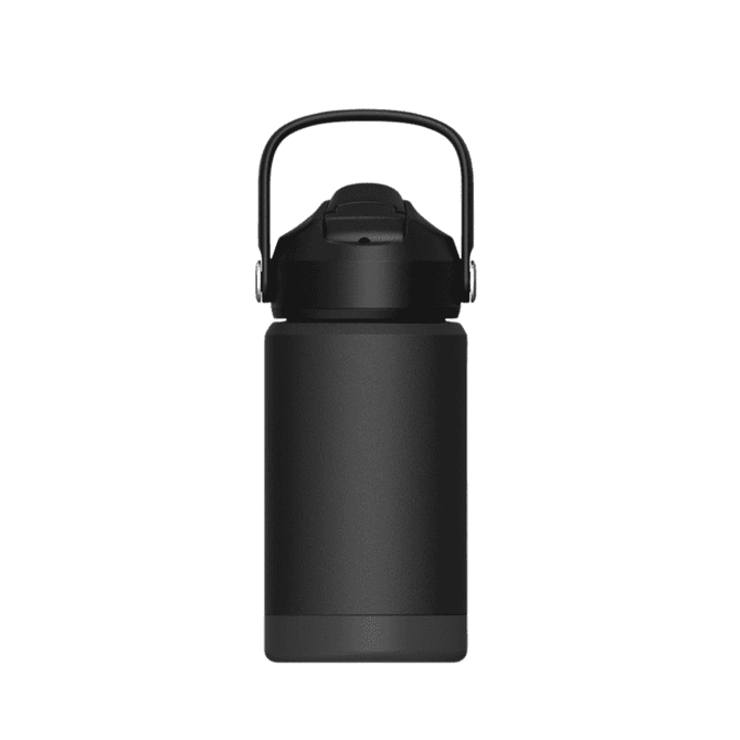 A drink bottle in matte black stainless steel with a sturdy lid and carry handle. Features branding on the side.
