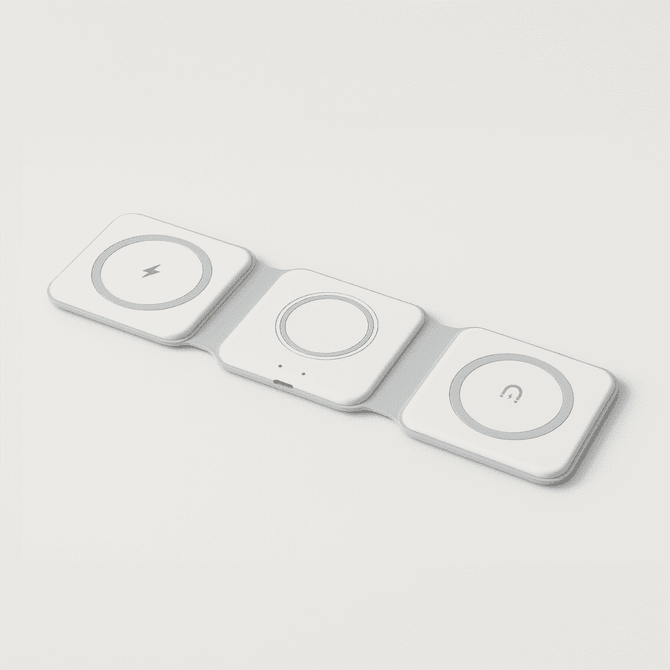 A white Matrix 3-in-1 MagSafe wireless charger with three circular charging areas and a logo.