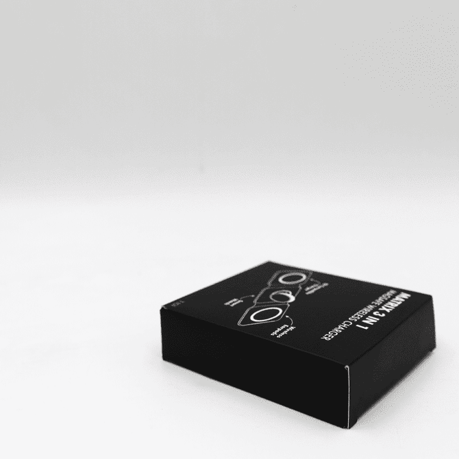 A black box containing the Matrix 3-in-1 MagSafe Wireless Charger, with a logo on the surface.