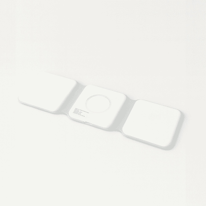 A white Matrix 3-in-1 MagSafe wireless charger with three charging pads and a round centre section.