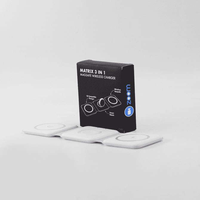 A 3-in-1 MagSafe wireless charger in white with a black box featuring a logo and product information.