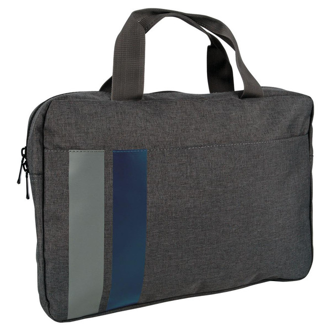 A grey satchel with a structured design, featuring three vertical stripes in green and blue. It has a logo on the front.