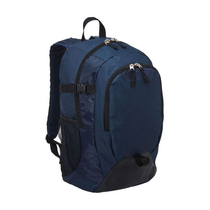 A navy blue laptop backpack with multiple compartments, zippers, and a side mesh pocket. It features a logo.