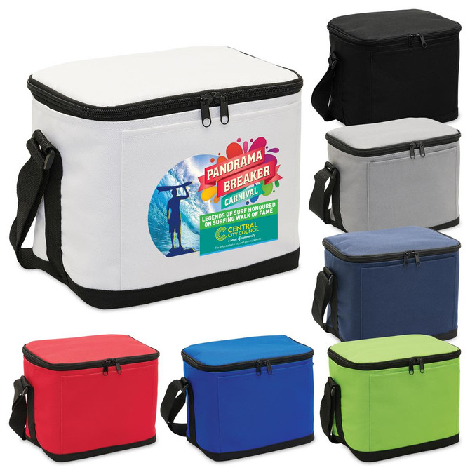 A cooler bag featuring a variety of colours, including white, black, grey, red, blue, and green. It has a logo.