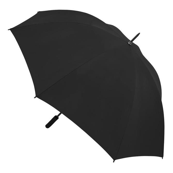 A black umbrella with a curved canopy, featuring a handle and an attachment point. It has a logo on the handle.