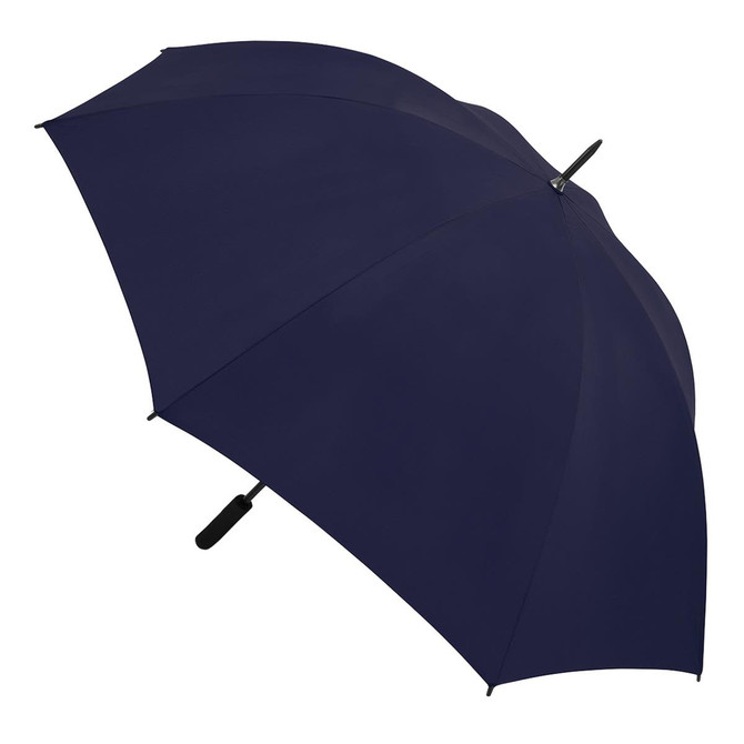 A navy blue umbrella featuring a black handle and a simplistic design, with a logo on the fabric.