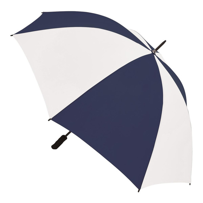 A navy and white striped umbrella with a black handle and a logo on the top.