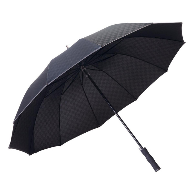 A black umbrella with a checkered pattern and a curved handle, featuring a sturdy metal frame and a logo.
